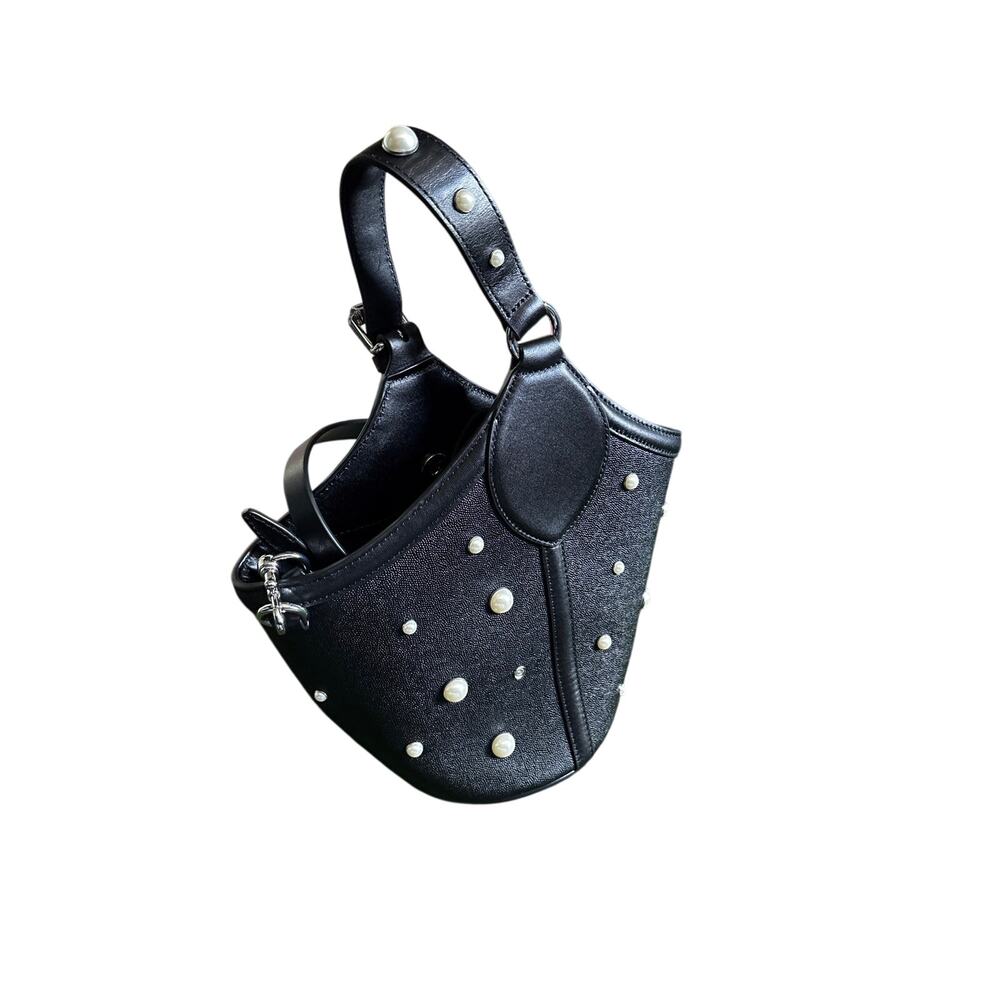 Rebecca Minkoff Black Studded Mini Bucket Bag Round Base Silver Hardware Read - Picture 4 of 9